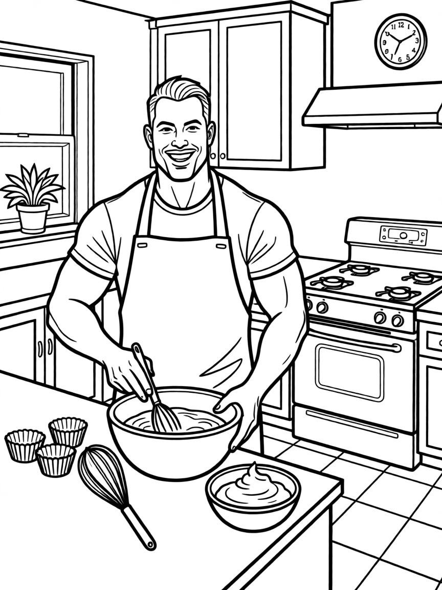 Dwayne Johnson baking cupcakes in a colorful kitchen – a fun and kid-friendly coloring page.