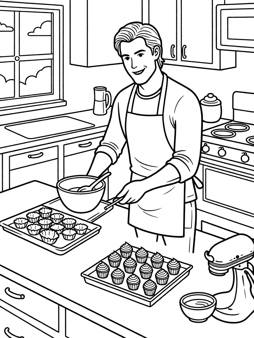Chris Hemsworth baking cupcakes in a colorful kitchen – a fun and kid-friendly coloring page.