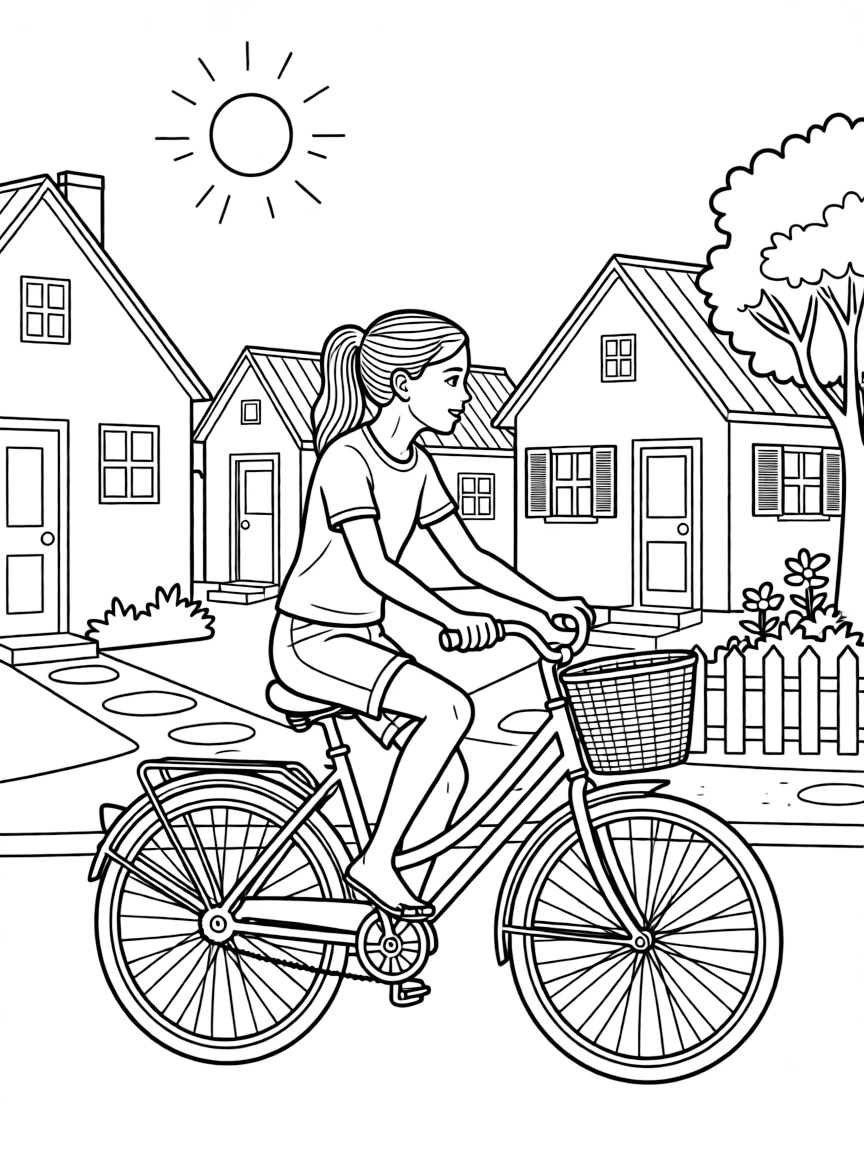 Emma Watson riding a bicycle through a sunny neighborhood – a fun and kid-friendly coloring page.
