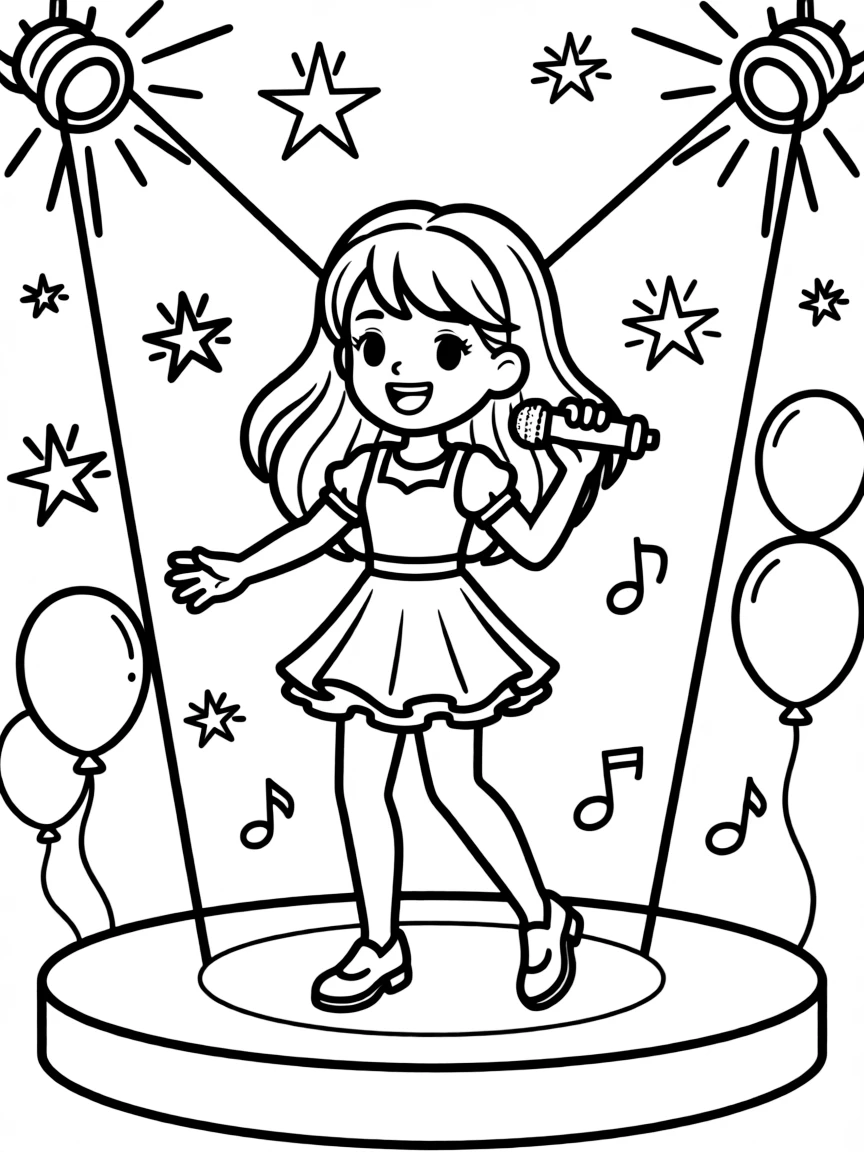 Lady Gaga dancing on a stage with spotlights and fun outfits – a fun and kid-friendly coloring page.