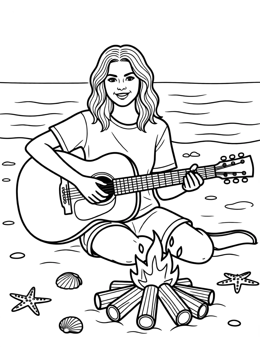 Selena Gomez playing guitar at a beach bonfire – a fun and kid-friendly coloring page.