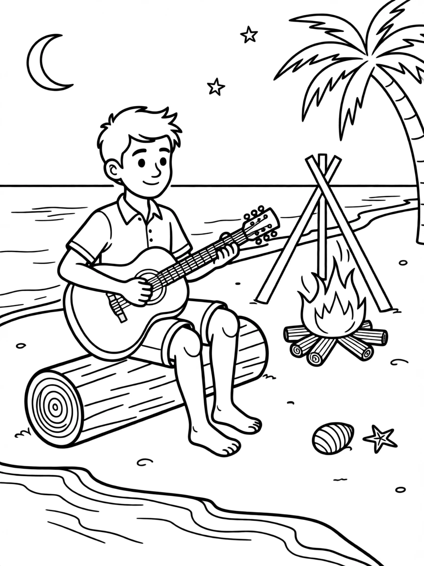 Taylor Lautner playing guitar at a beach bonfire – a fun and kid-friendly coloring page.