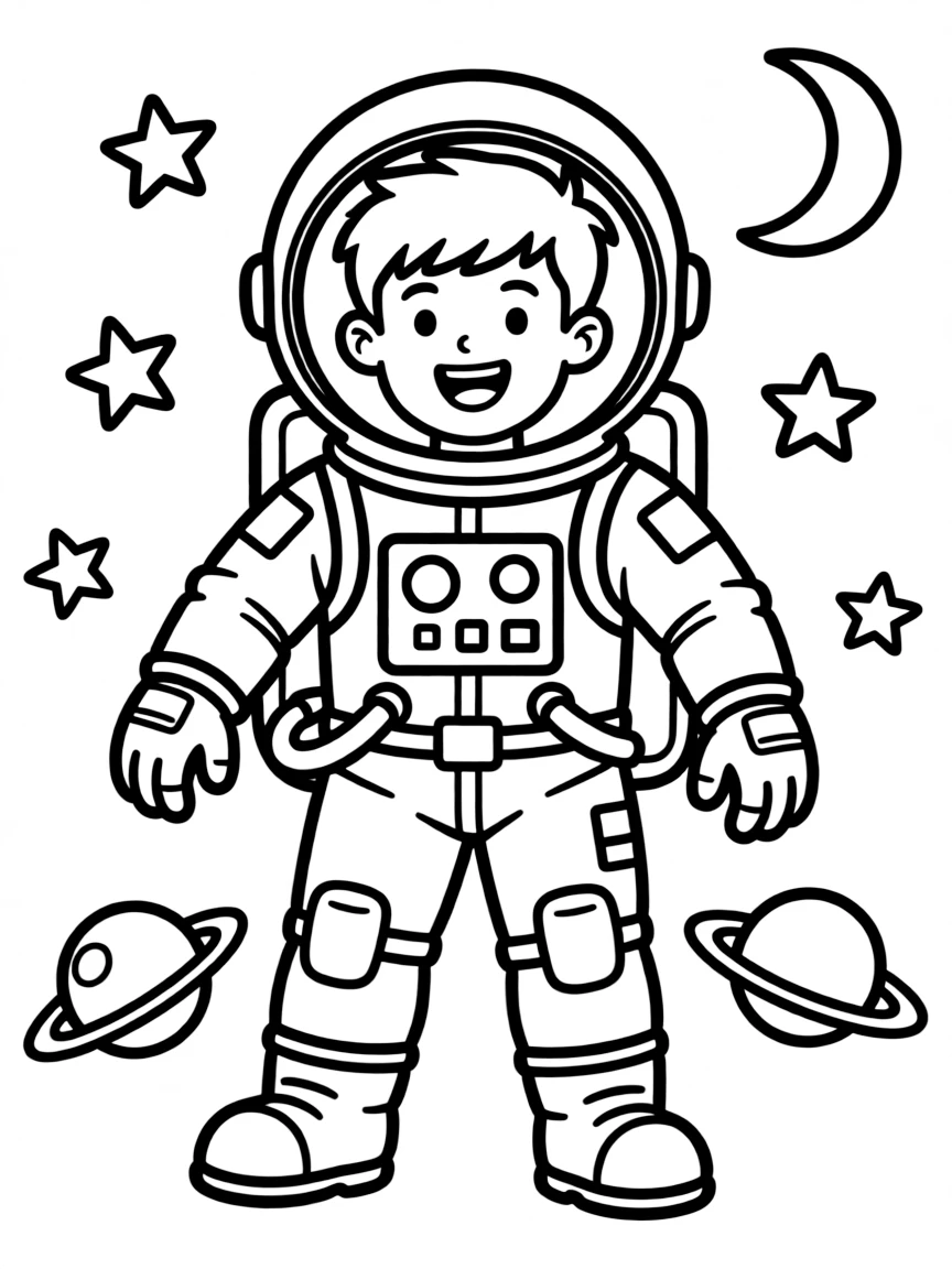 Justin Bieber exploring space in an astronaut suit – a fun and kid-friendly coloring page.