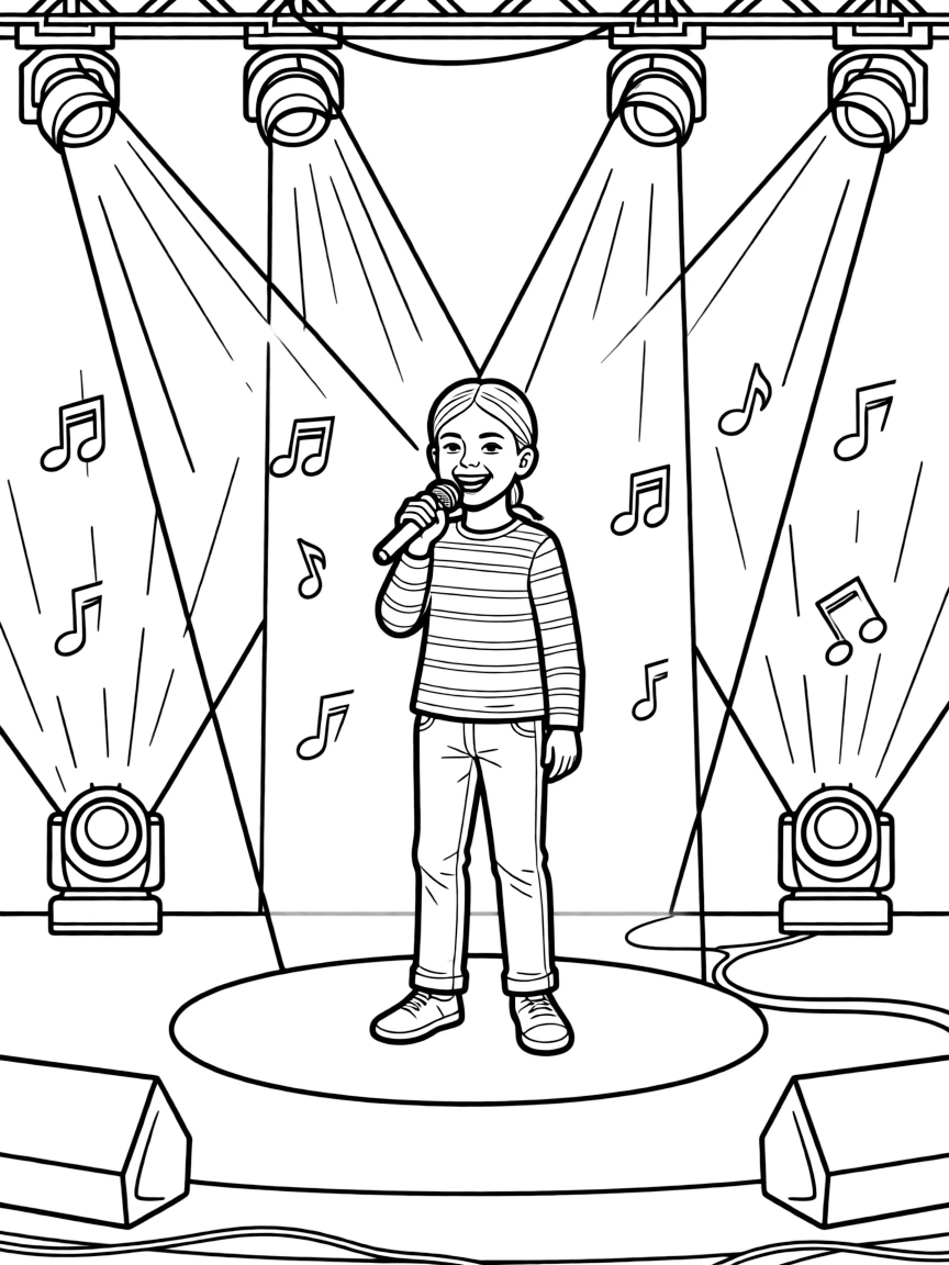 Greta Thunberg singing on a big concert stage with musical notes and lights – a fun and kid-friendly coloring page.