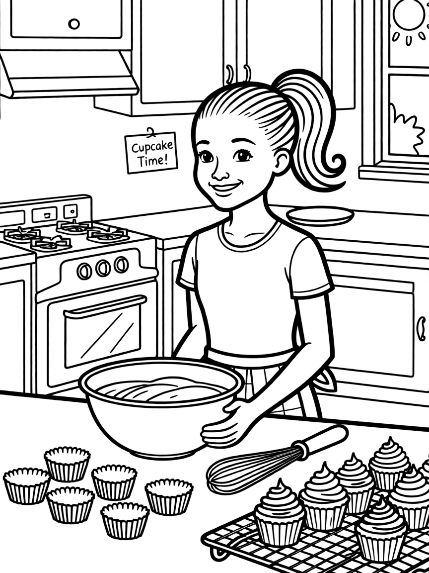 Simone Biles baking cupcakes in a colorful kitchen – a fun and kid-friendly coloring page.