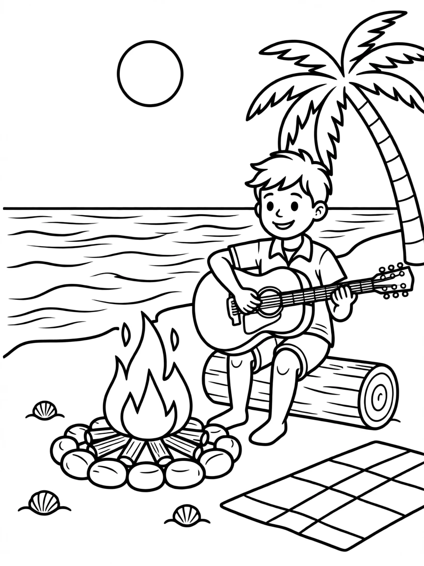 Bruno Mars playing guitar at a beach bonfire – a fun and kid-friendly coloring page.