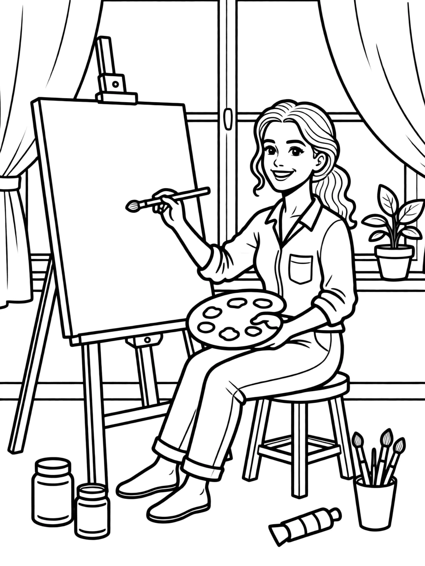 Anne Hathaway painting a picture at an art studio – a fun and kid-friendly coloring page.