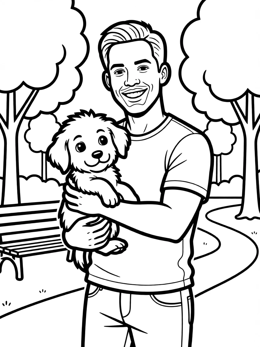 Will Smith smiling and holding a puppy with a park background – a fun and kid-friendly coloring page.