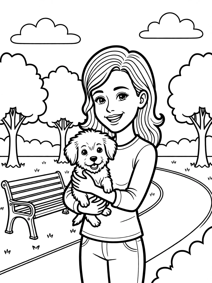 Jennifer Lopez smiling and holding a puppy with a park background – a fun and kid-friendly coloring page.