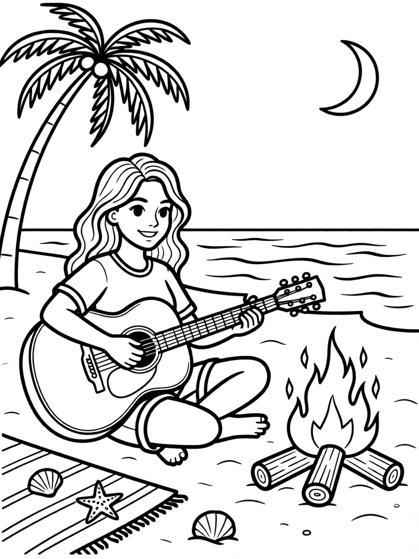Doja Cat playing guitar at a beach bonfire – a fun and kid-friendly coloring page.