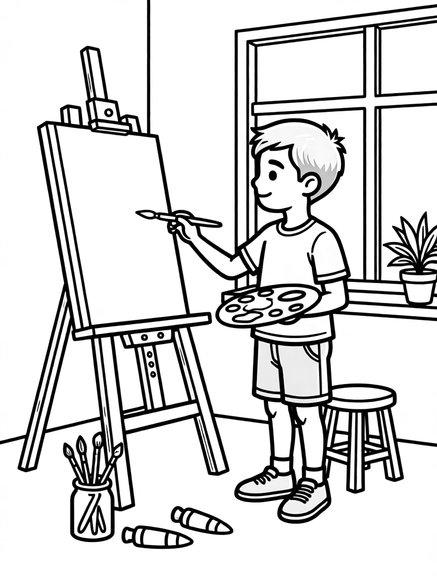 Michael Jordan painting a picture at an art studio – a fun and kid-friendly coloring page.