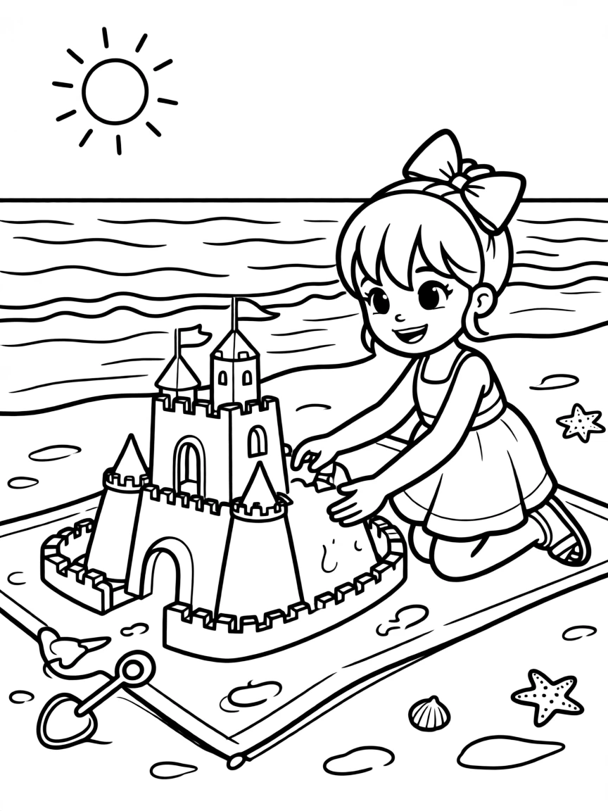 JoJo Siwa building a sandcastle at the beach – a fun and kid-friendly coloring page.