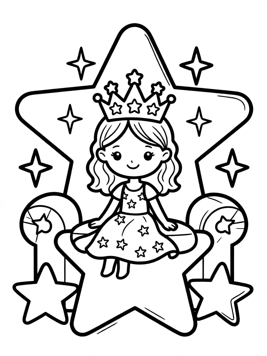 Billie Eilish sitting on a throne made of stars with a crown – a fun and kid-friendly coloring page.