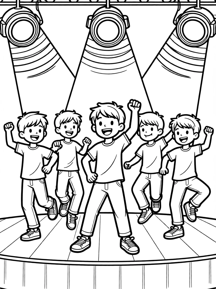 BTS Members dancing on a stage with spotlights and fun outfits – a fun and kid-friendly coloring page.