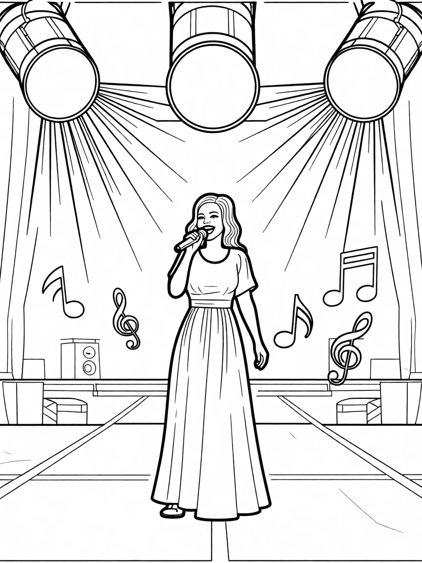 Rihanna singing on a big concert stage with musical notes and lights – a fun and kid-friendly coloring page.