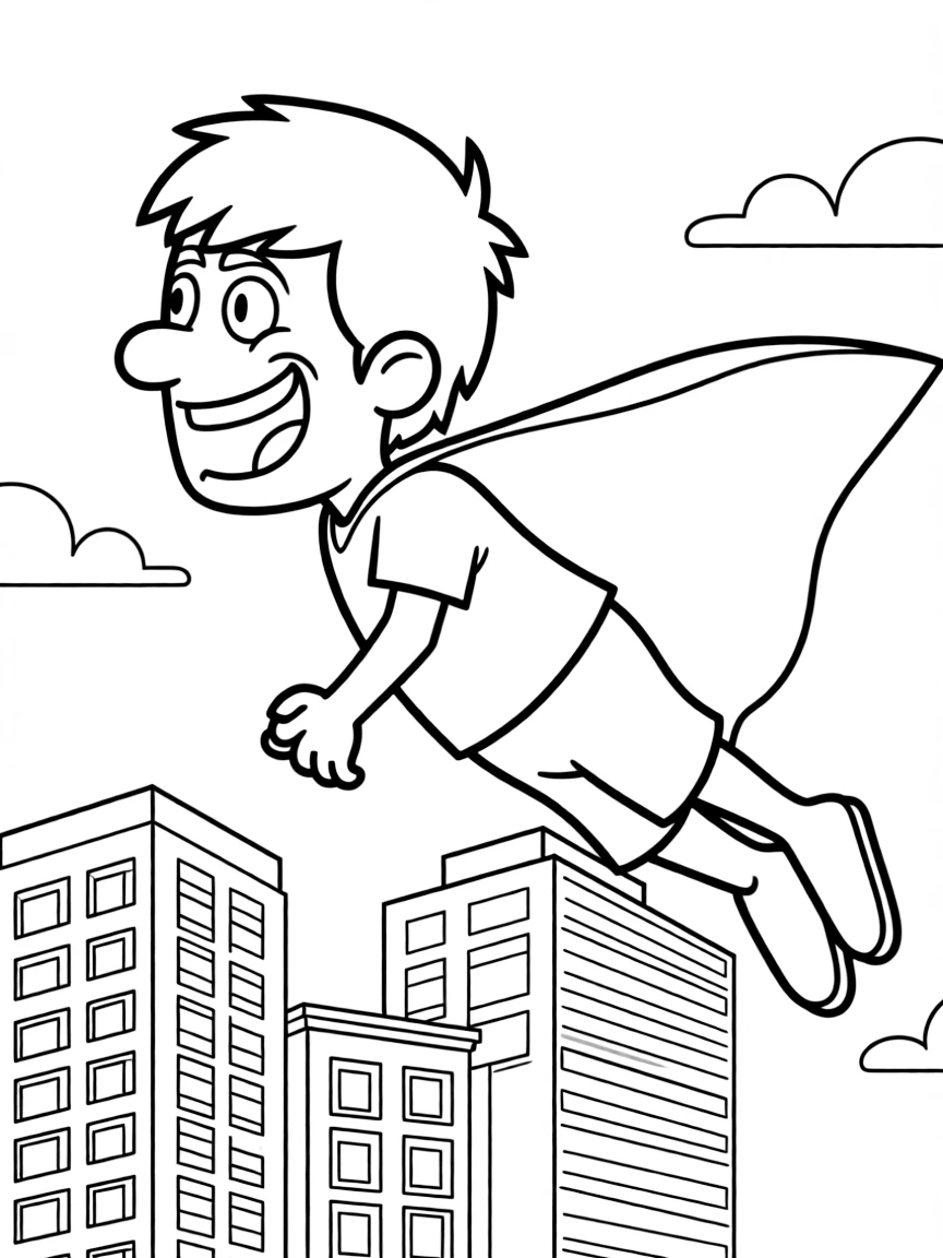 MrBeast wearing a superhero cape and flying over a cityscape – a fun and kid-friendly coloring page.