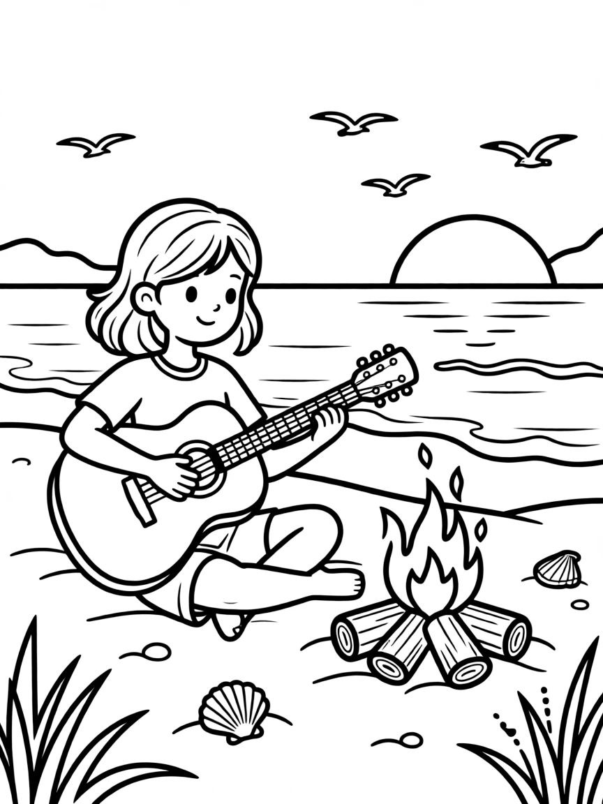 Millie Bobby Brown playing guitar at a beach bonfire – a fun and kid-friendly coloring page.