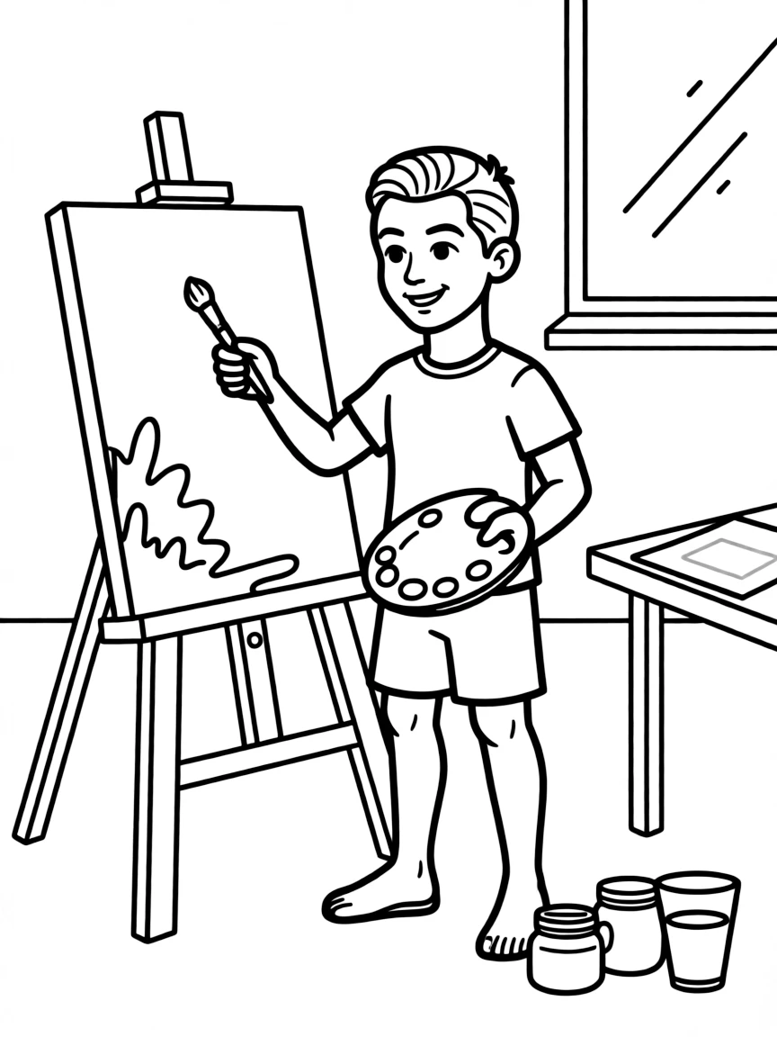 Cristiano Ronaldo painting a picture at an art studio – a fun and kid-friendly coloring page.