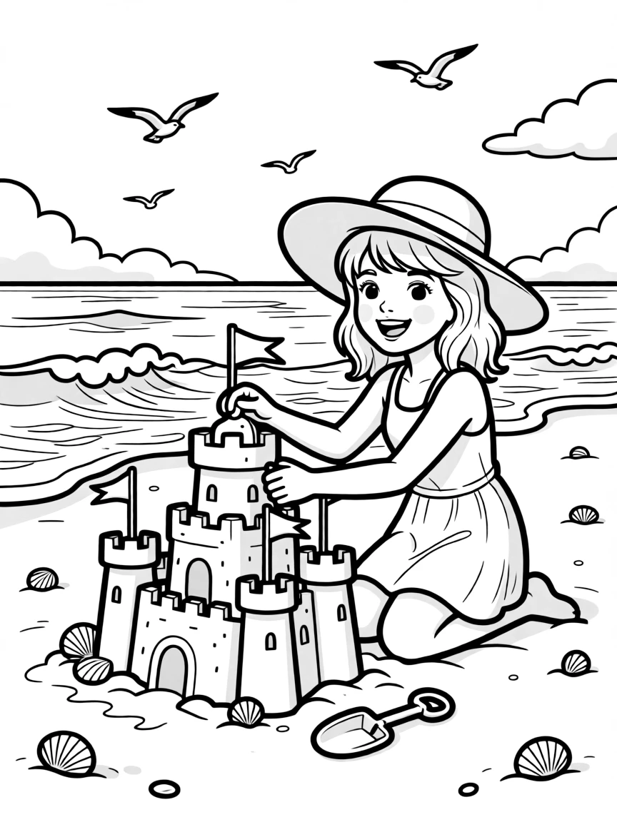 Taylor Swift building a sandcastle at the beach – a fun and kid-friendly coloring page.