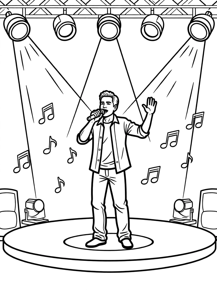 Robert Downey Jr. singing on a big concert stage with musical notes and lights – a fun and kid-friendly coloring page.