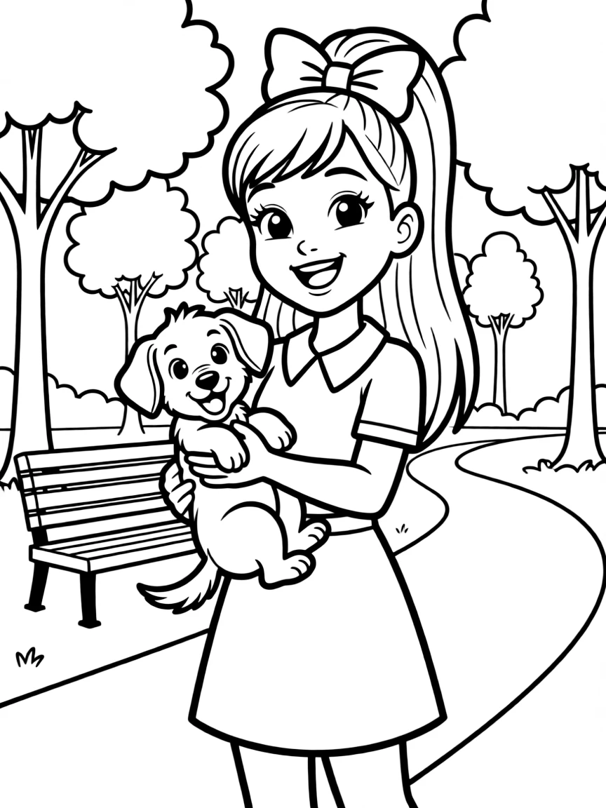 JoJo Siwa smiling and holding a puppy with a park background – a fun and kid-friendly coloring page.