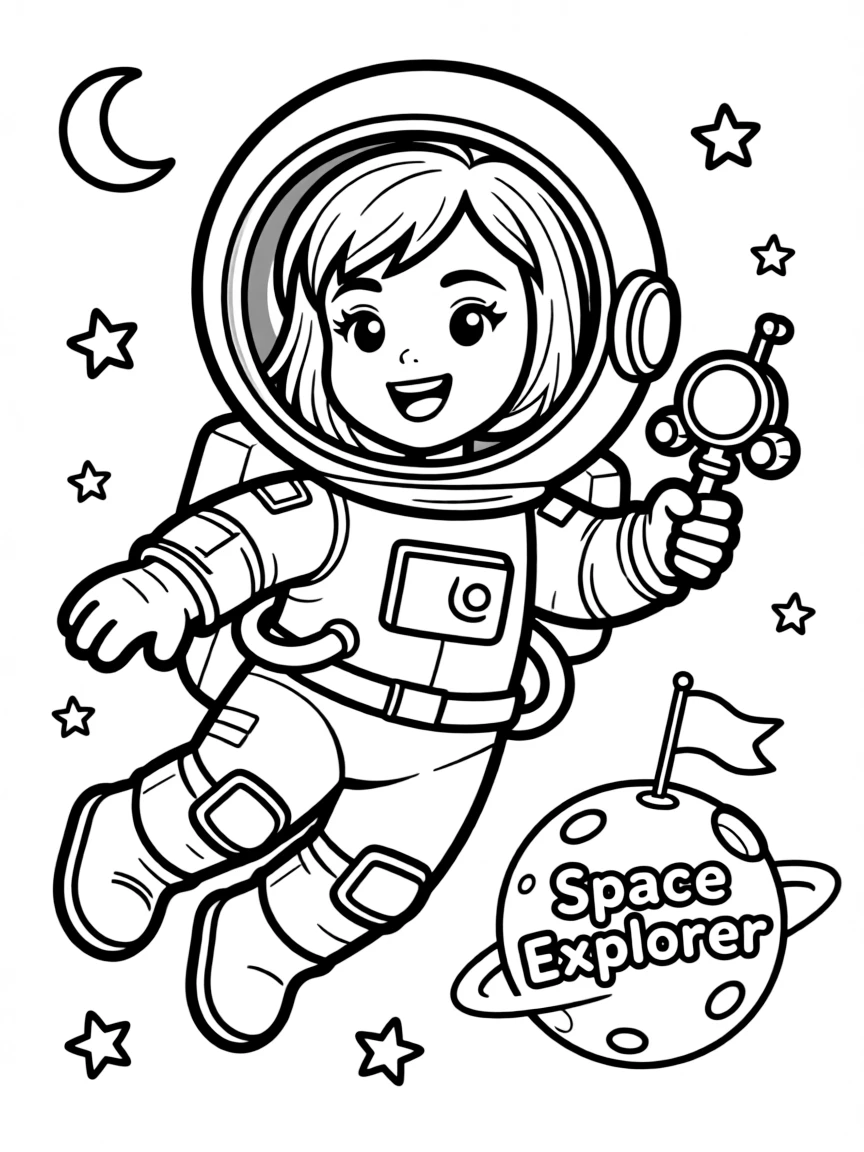 Rihanna exploring space in an astronaut suit – a fun and kid-friendly coloring page.