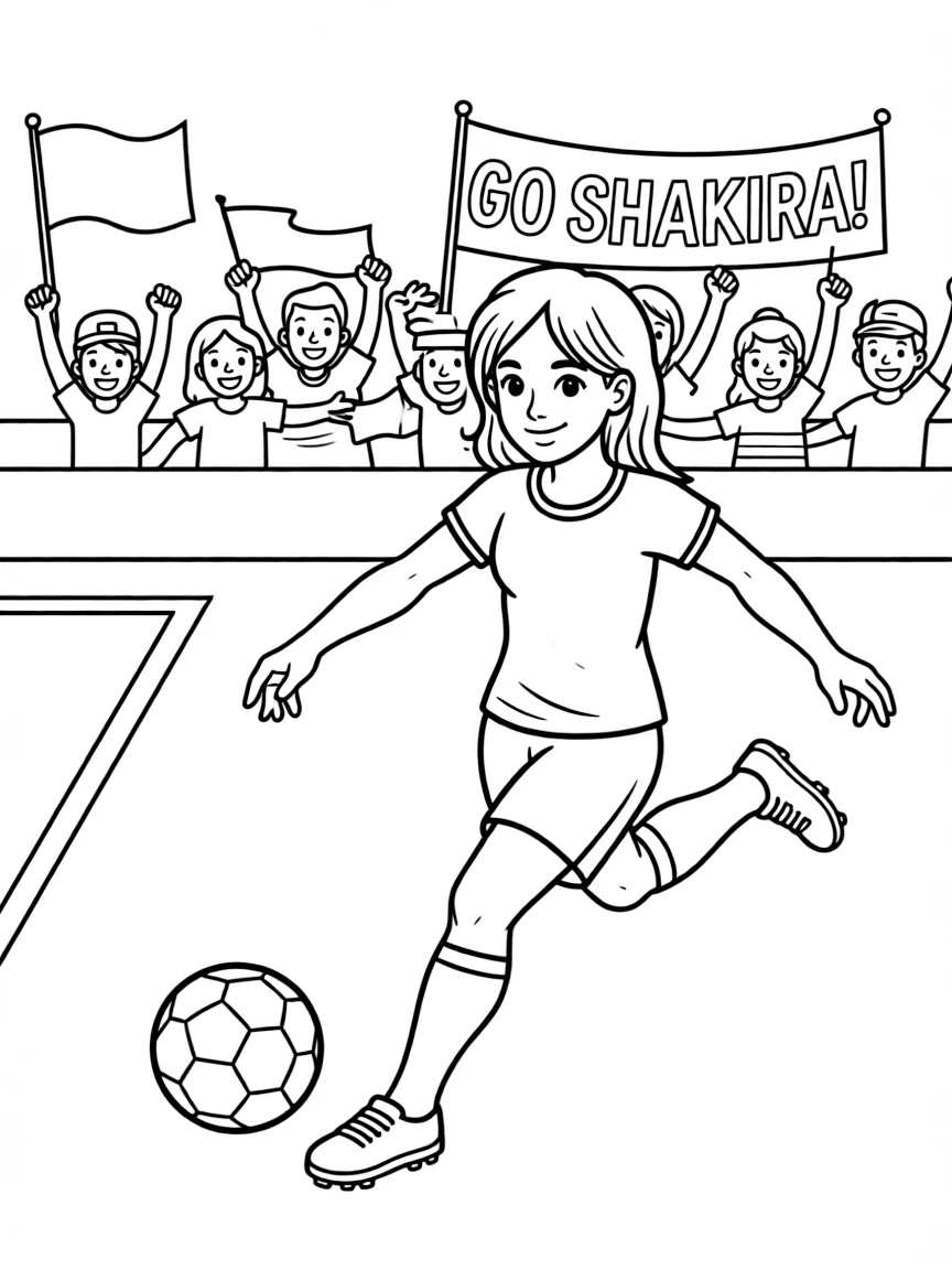 Shakira playing soccer on a field with cheering fans in the stands – a fun and kid-friendly coloring page.