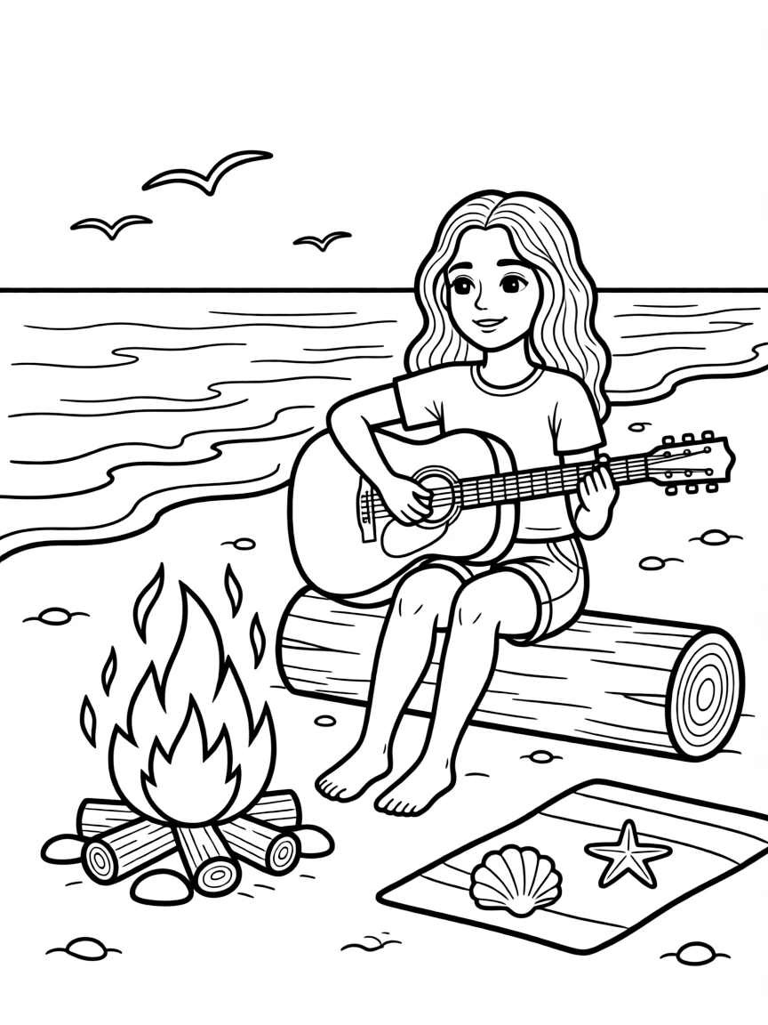 Zendaya playing guitar at a beach bonfire – a fun and kid-friendly coloring page.