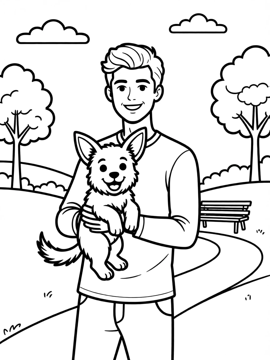 Zayn Malik smiling and holding a puppy with a park background – a fun and kid-friendly coloring page.