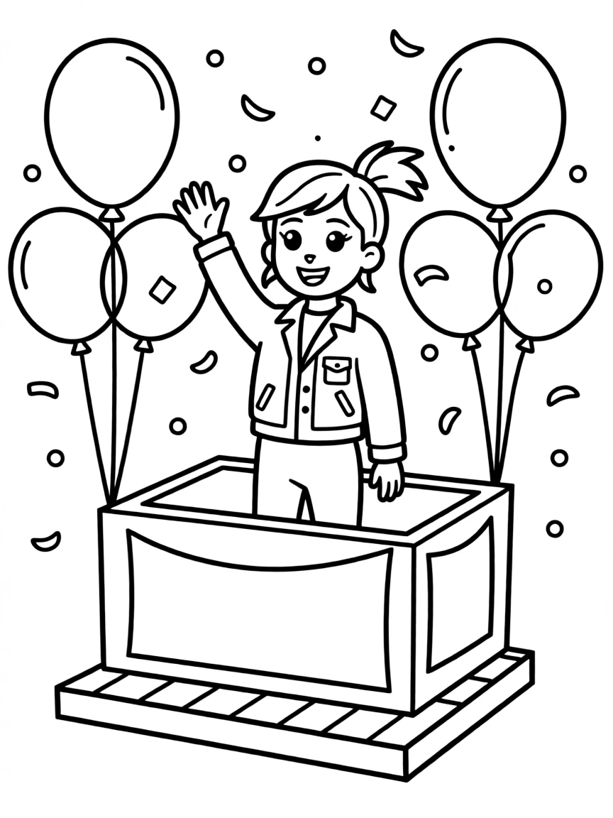 Doja Cat waving from a parade float with balloons and confetti – a fun and kid-friendly coloring page.