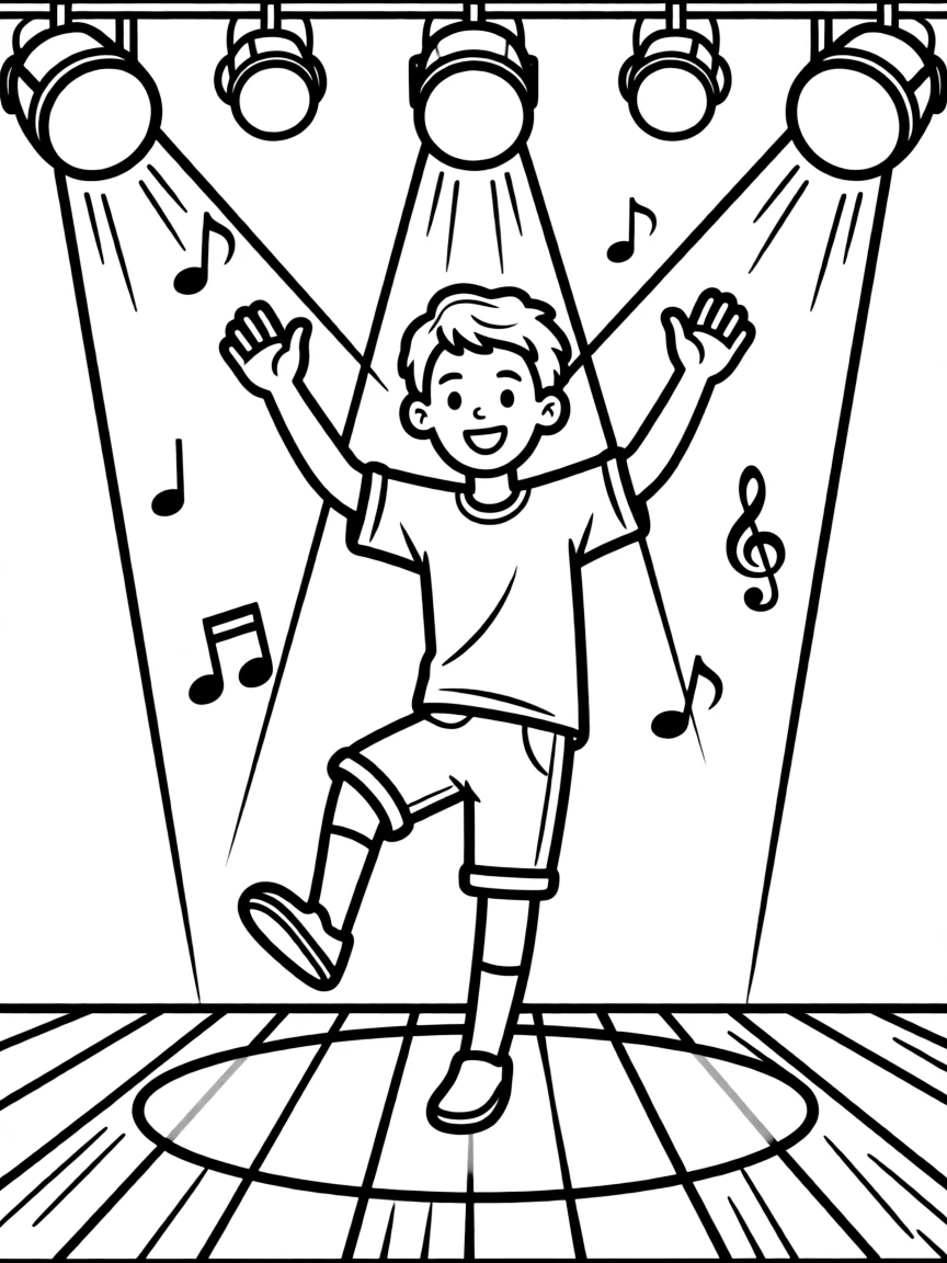 Neymar Jr. dancing on a stage with spotlights and fun outfits – a fun and kid-friendly coloring page.