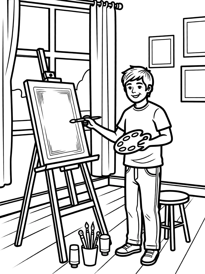 Ed Sheeran painting a picture at an art studio – a fun and kid-friendly coloring page.