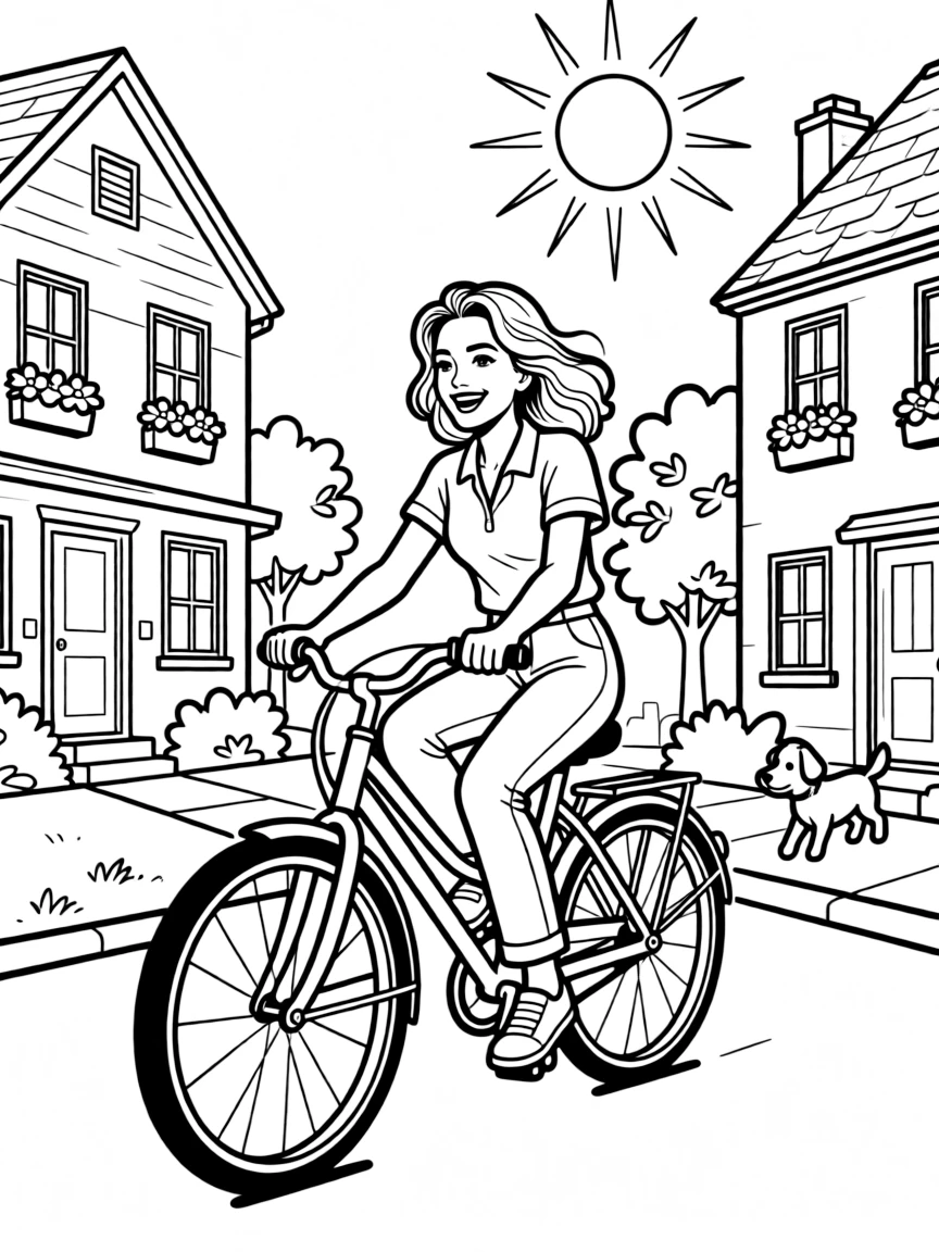 Angelina Jolie riding a bicycle through a sunny neighborhood – a fun and kid-friendly coloring page.