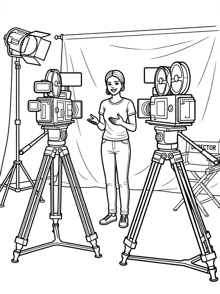 Zendaya acting in a scene on a movie set with cameras – a fun and kid-friendly coloring page.