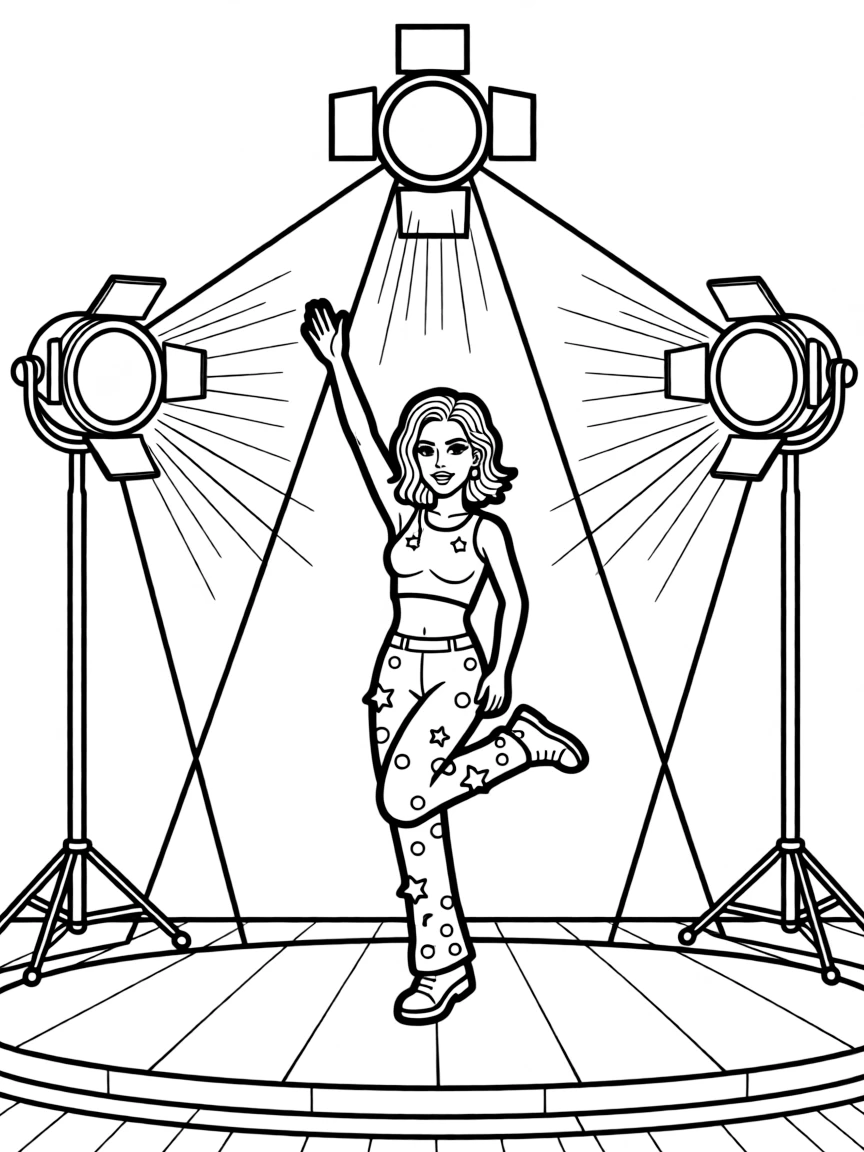 Dua Lipa dancing on a stage with spotlights and fun outfits – a fun and kid-friendly coloring page.