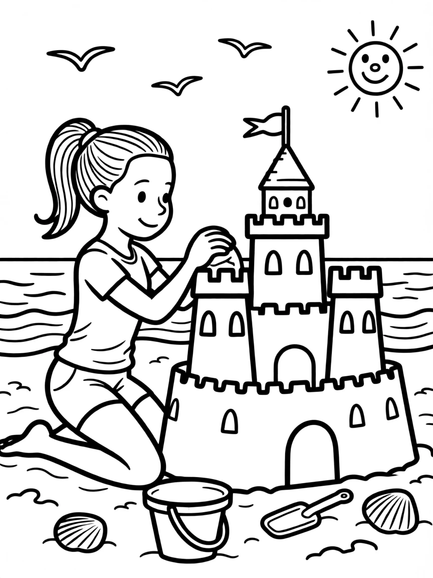 Simone Biles building a sandcastle at the beach – a fun and kid-friendly coloring page.