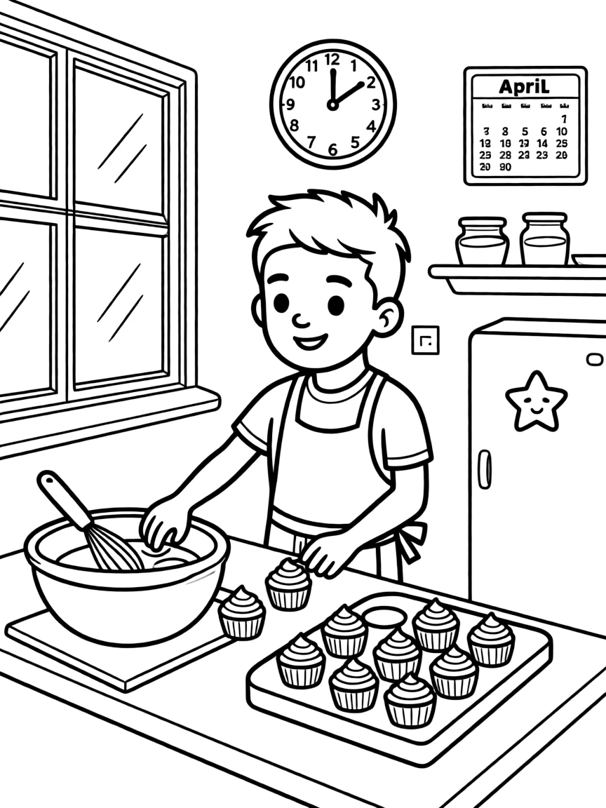 Neymar Jr. baking cupcakes in a colorful kitchen – a fun and kid-friendly coloring page.