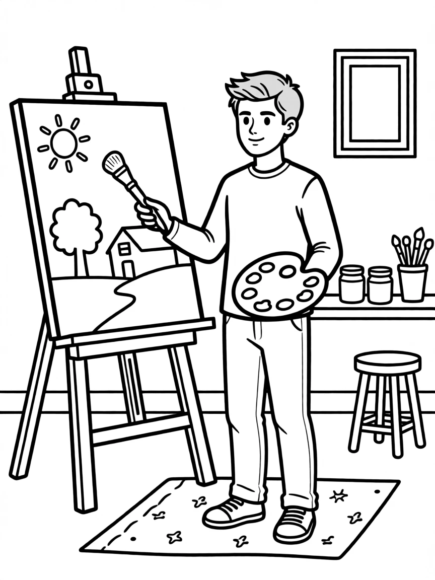 Taylor Lautner painting a picture at an art studio – a fun and kid-friendly coloring page.