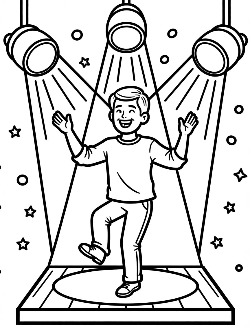 Ryan Reynolds dancing on a stage with spotlights and fun outfits – a fun and kid-friendly coloring page.