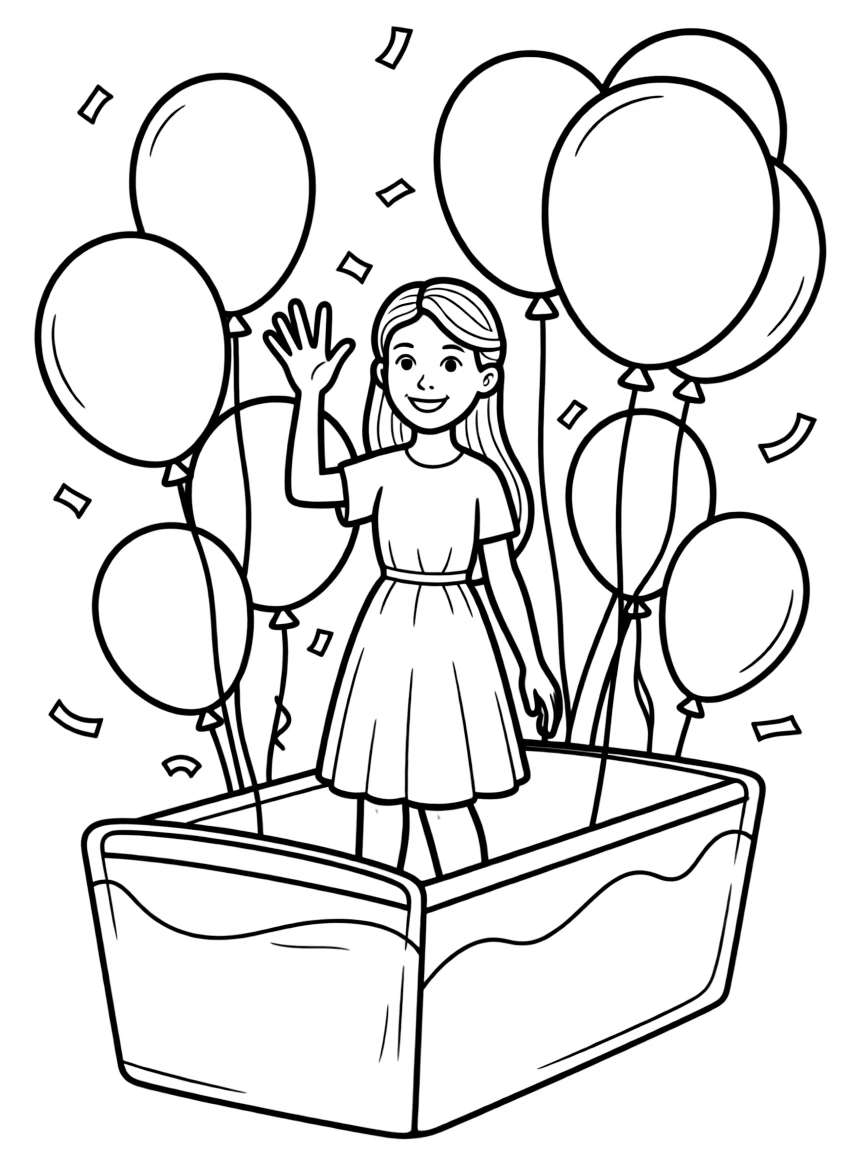 Kylie Jenner waving from a parade float with balloons and confetti – a fun and kid-friendly coloring page.
