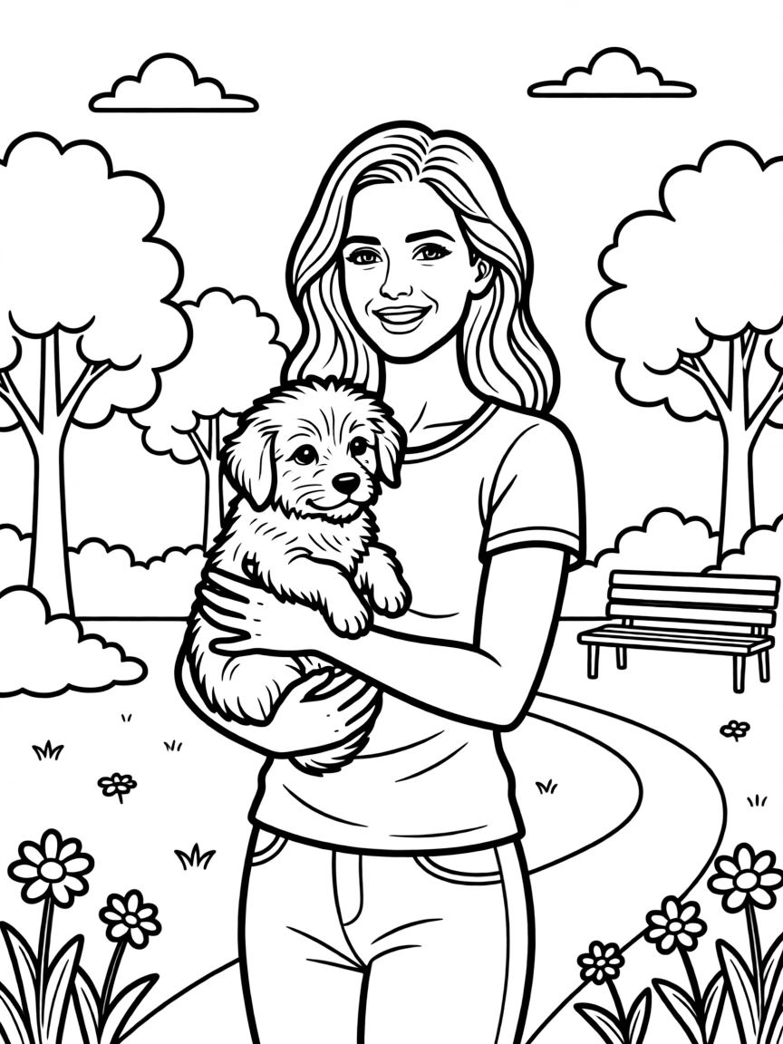 Anne Hathaway smiling and holding a puppy with a park background – a fun and kid-friendly coloring page.