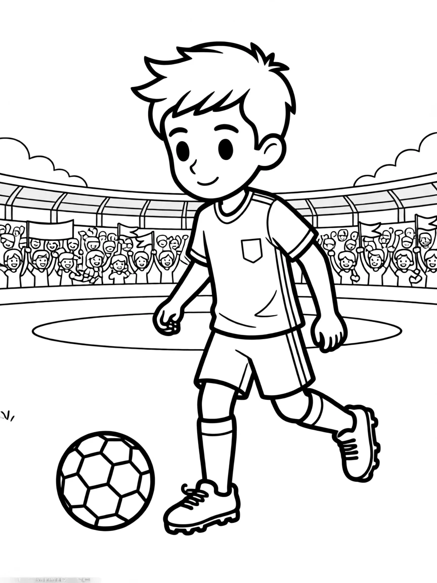 Justin Bieber playing soccer on a field with cheering fans in the stands – a fun and kid-friendly coloring page.