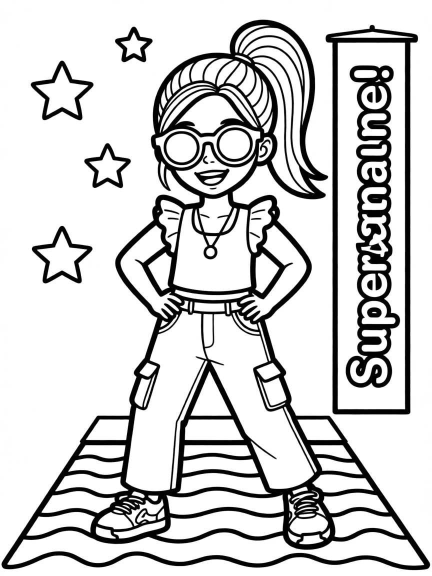 Simone Biles posing with sunglasses and a cool outfit on the red carpet – a fun and kid-friendly coloring page.