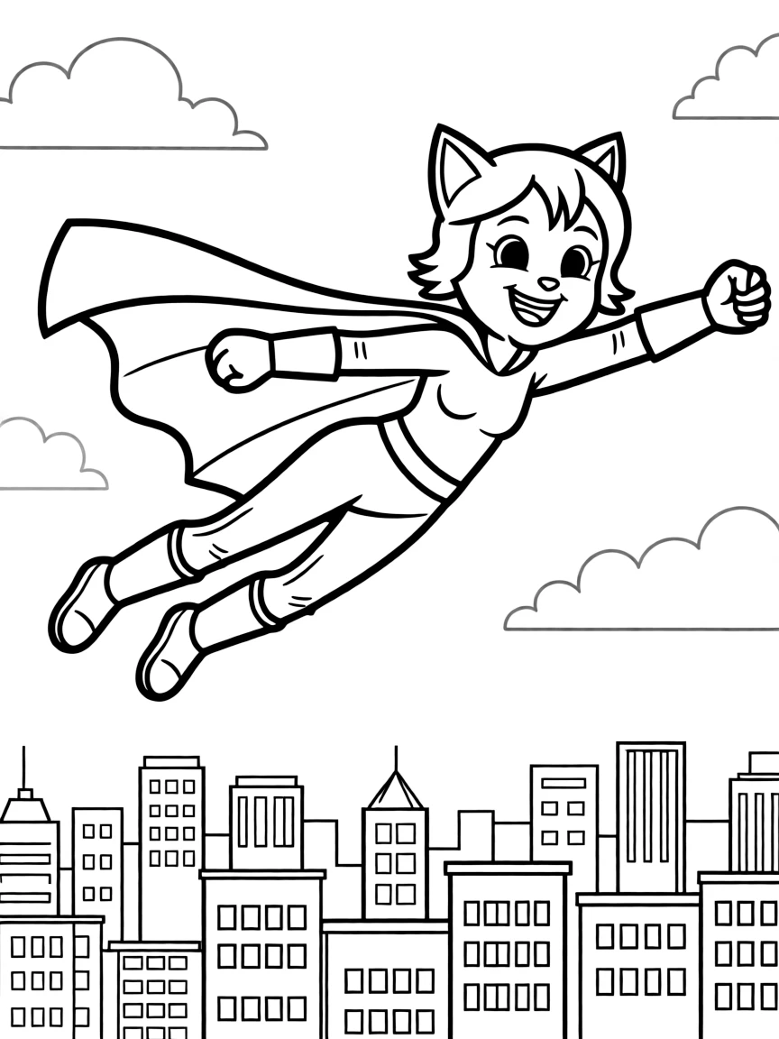 Doja Cat wearing a superhero cape and flying over a cityscape – a fun and kid-friendly coloring page.