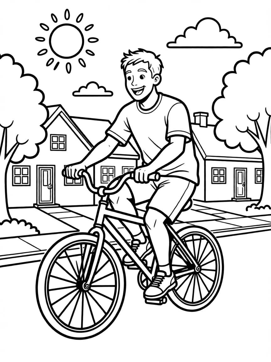 LeBron James riding a bicycle through a sunny neighborhood – a fun and kid-friendly coloring page.