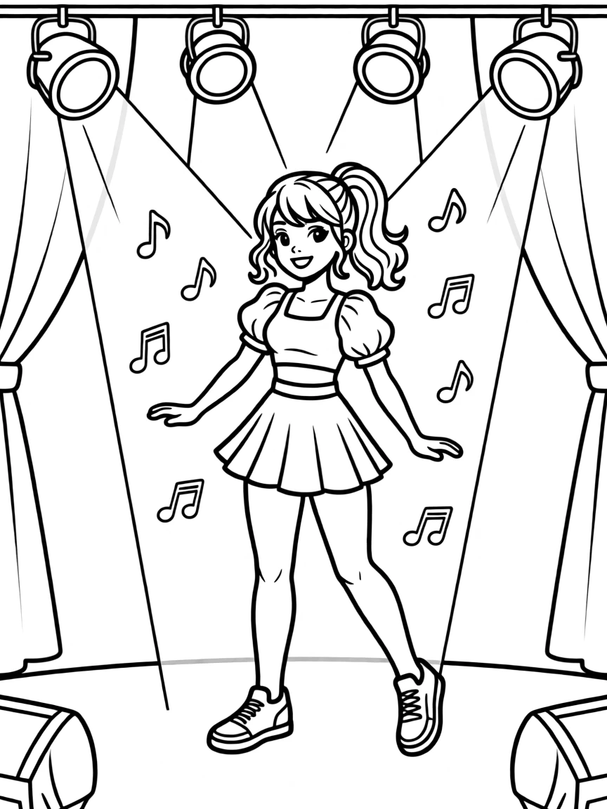 Doja Cat dancing on a stage with spotlights and fun outfits – a fun and kid-friendly coloring page.