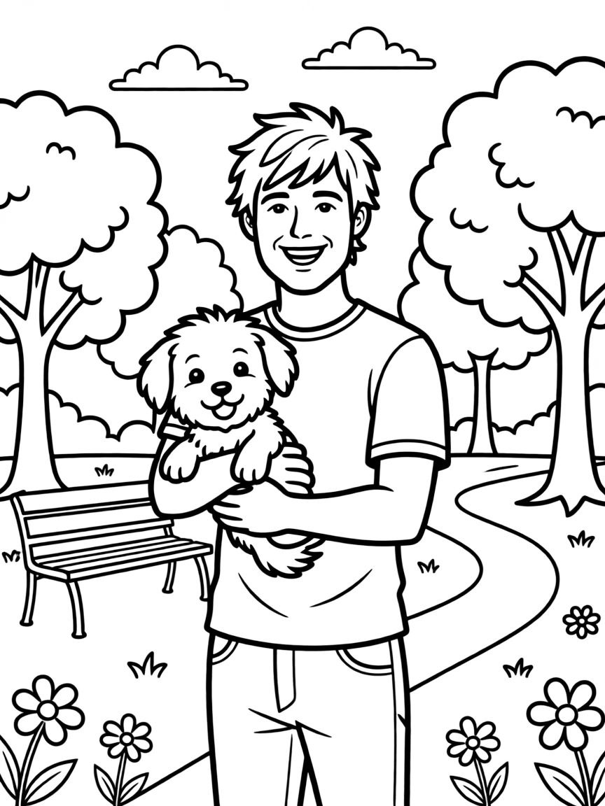 Ed Sheeran smiling and holding a puppy with a park background – a fun and kid-friendly coloring page.