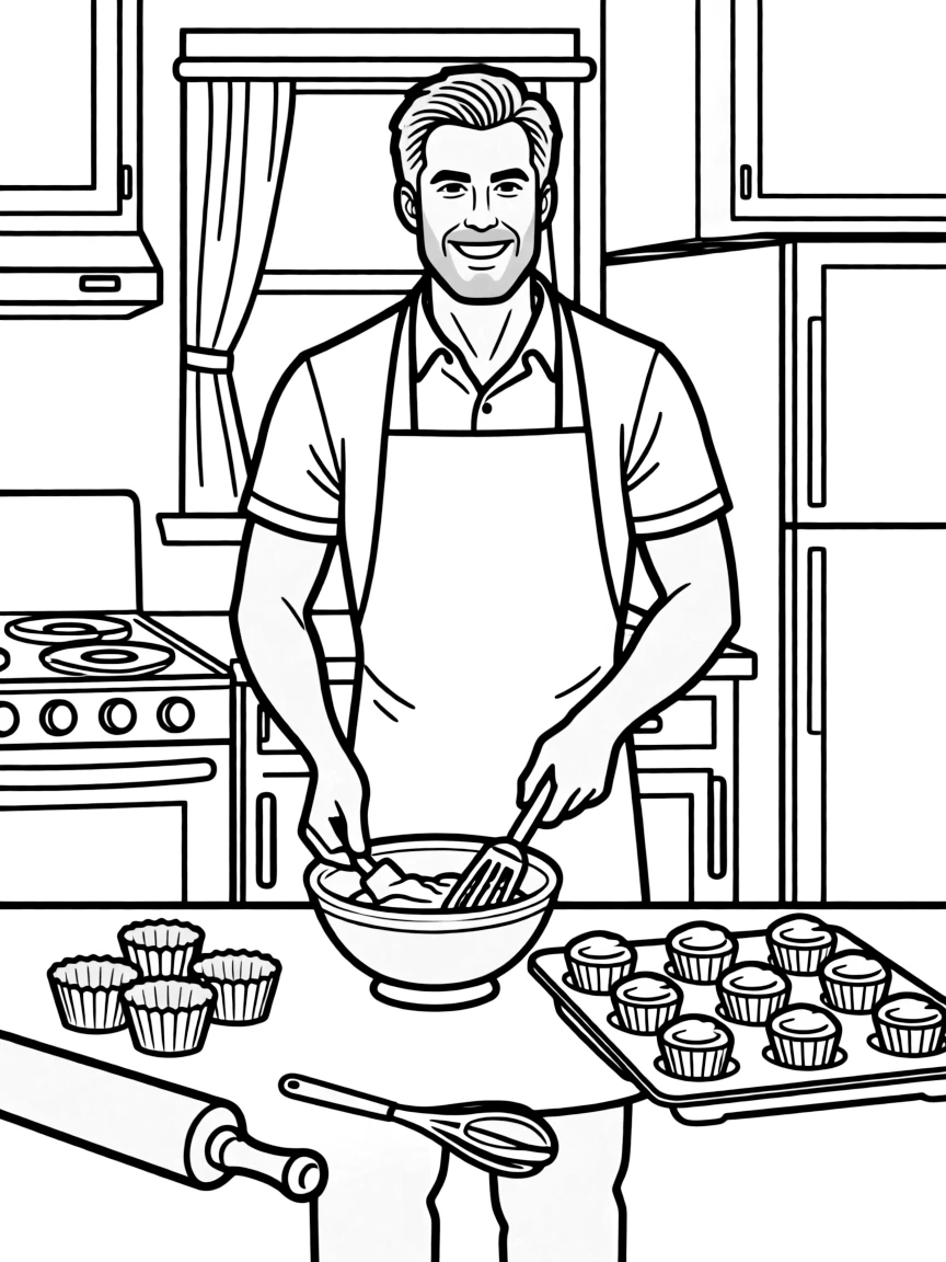 Chris Hemsworth baking cupcakes in a colorful kitchen – a fun and kid-friendly coloring page.