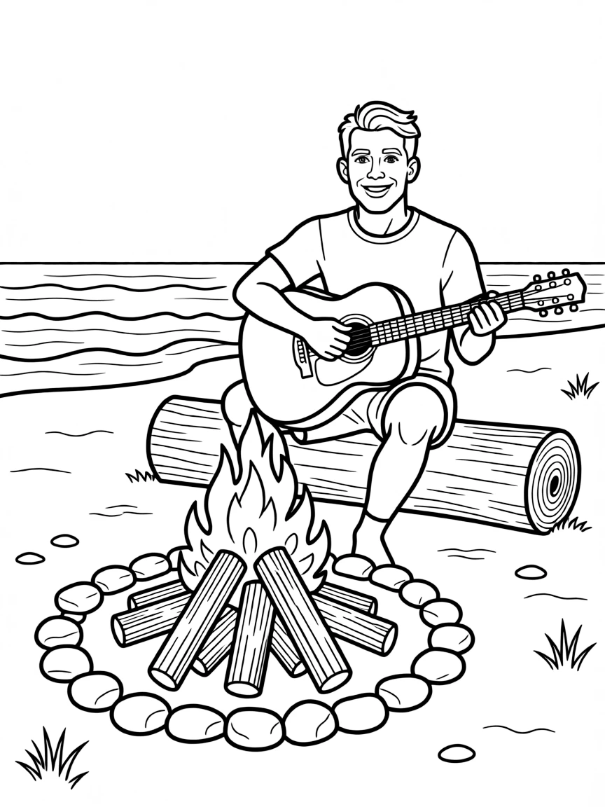 LeBron James playing guitar at a beach bonfire – a fun and kid-friendly coloring page.