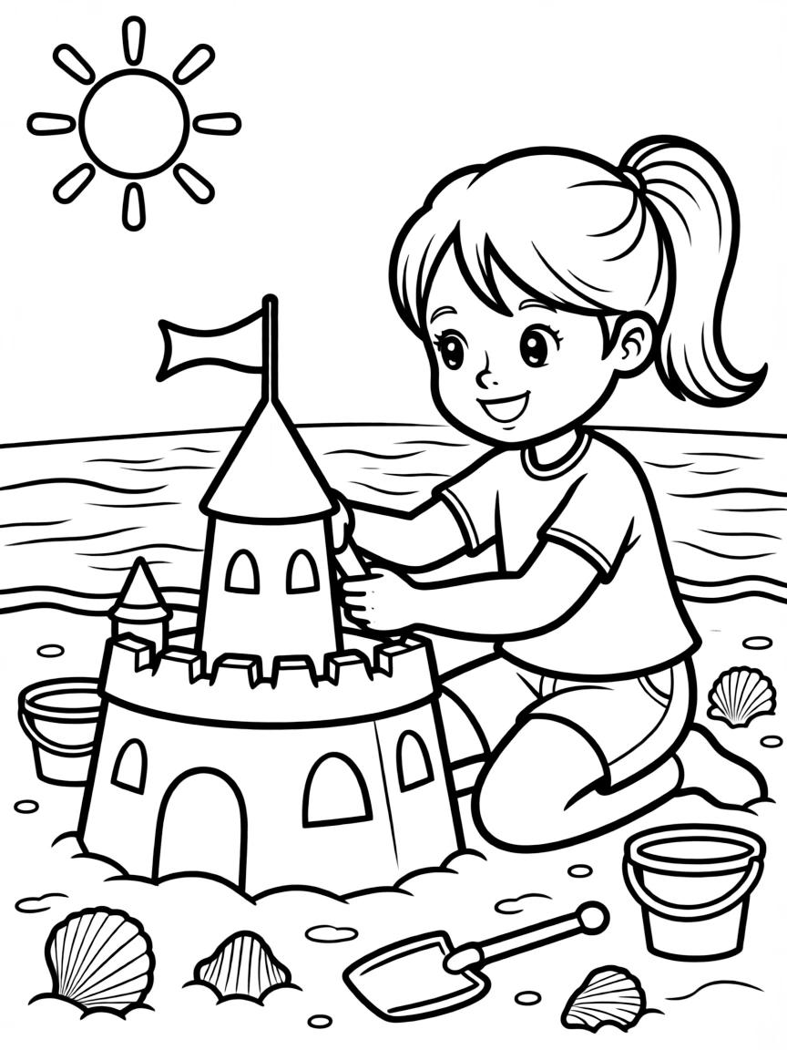 Rihanna building a sandcastle at the beach – a fun and kid-friendly coloring page.